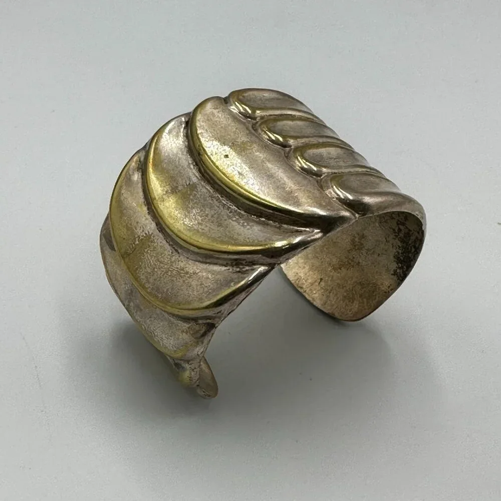 Cuff Bracelet Silver Plated Wide Sculpted Wave Design Bold Statement Jewelry